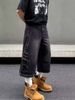 Heavy Damage Washed Vintage Denim Shorts – Unisex Loose Fit Wide Leg Cropped Pants, American Retro Streetwear Style_mkmklike.com