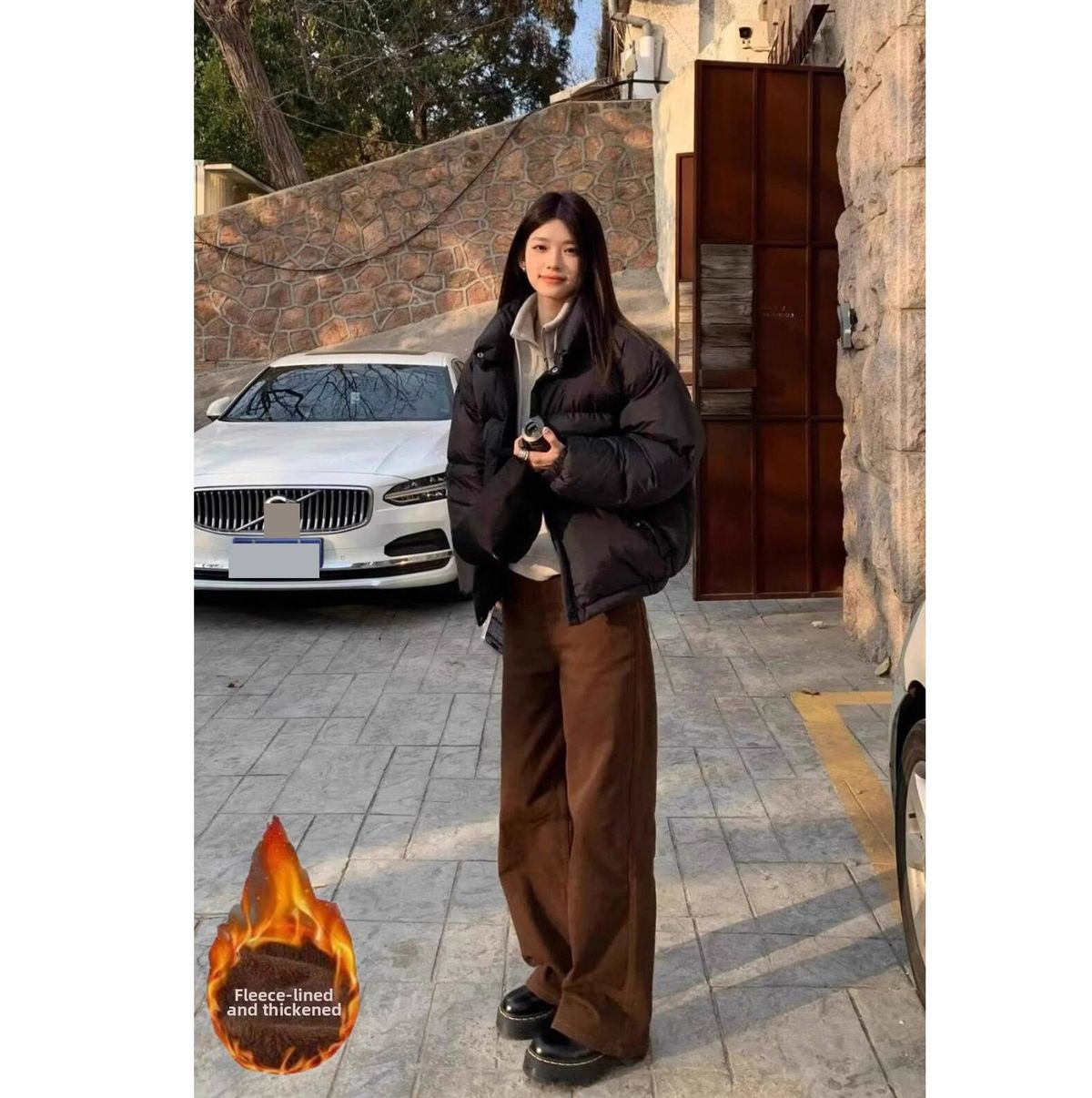 Women's Clothing Retro Brown Straight Leg Jeans High Waisted Slim Fit Merard Fleece Lined Wide Leg Pants For Women Autumn/Winter_mkmklike.com