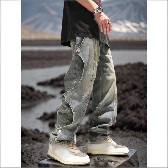 Men's Clothing Men's High Street Button Down Jeans Hip Hop Straight Leg Loose Casual Pants Trendy Vibe Spring Autumn_mkmklike.com