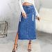Women's High-Slit Distressed Denim Skirt With Asymmetrical Hem & Stud Details - Vintage Blue Boho Chic Long Wrap Skirt For Street Style_mkmklike.com