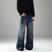 Men's Clothing Retro Deconstructed Distressed Ink Straight Jeans_mkmklike.com