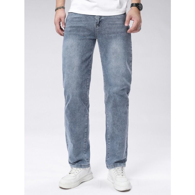 Men's Stretch Comfort Jeans – Slim Fit Straight-Leg Denim Pants In Ocean Blue, Mid-Rise Cotton Blend For Everyday Versatility_mkmklike.com
