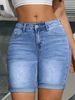 Women's Light Blue Denim Shorts Multi Layered Stretchy Slimming Versatile Mid Length Simple Folded Hem_mkmklike.com