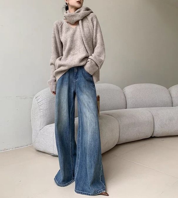 High Waist Blue Washed Jeans For Women – Relaxed Straight Leg Denim Pants (90s Vintage, Oversized Fit, Cotton-Blend, S-XL, Long Length)_mkmklike.com