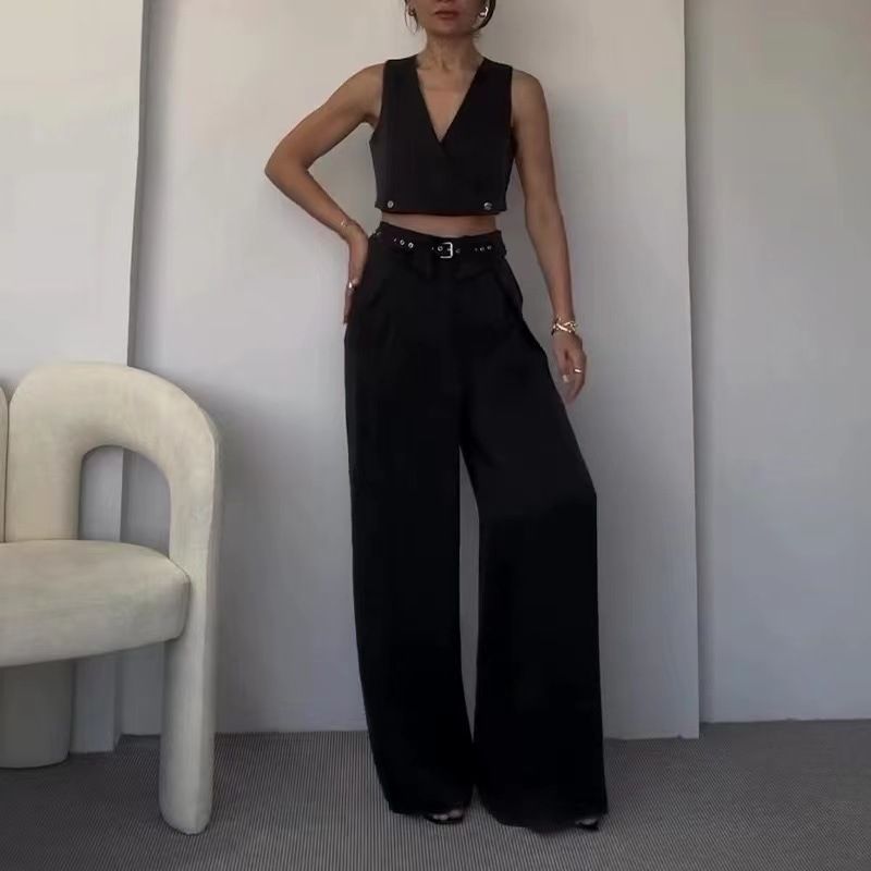 Women's Clothing women's clothing solid color V neck unrepaired vest lapel wide leg trousers suit_mkmklike.com
