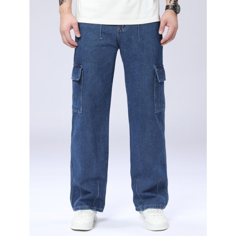 Dark Blue Non-Stretch Workwear Washed Denim Trousers Casual Loose Fit Wide Legs Multi Pocket Design Men's Clothing_mkmklike.com