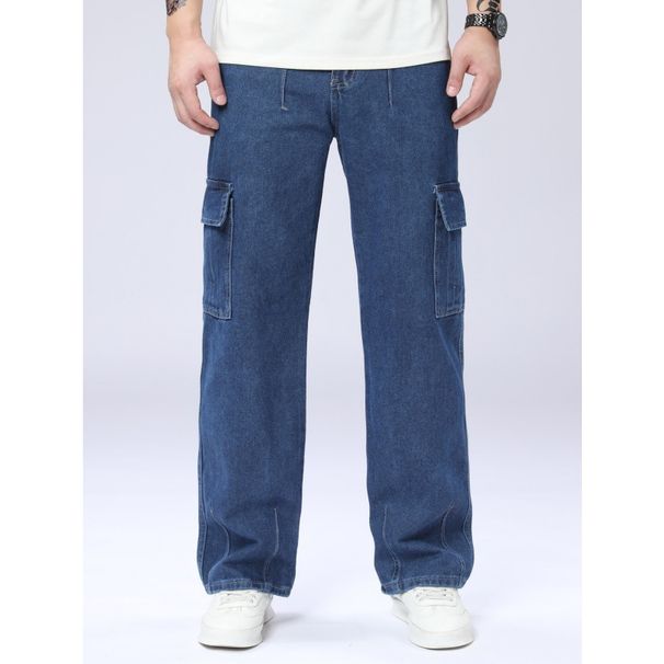 Dark Blue Non-Stretch Workwear Washed Denim Trousers Casual Loose Fit Wide Legs Multi Pocket Design Men's Clothing_mkmklike.com