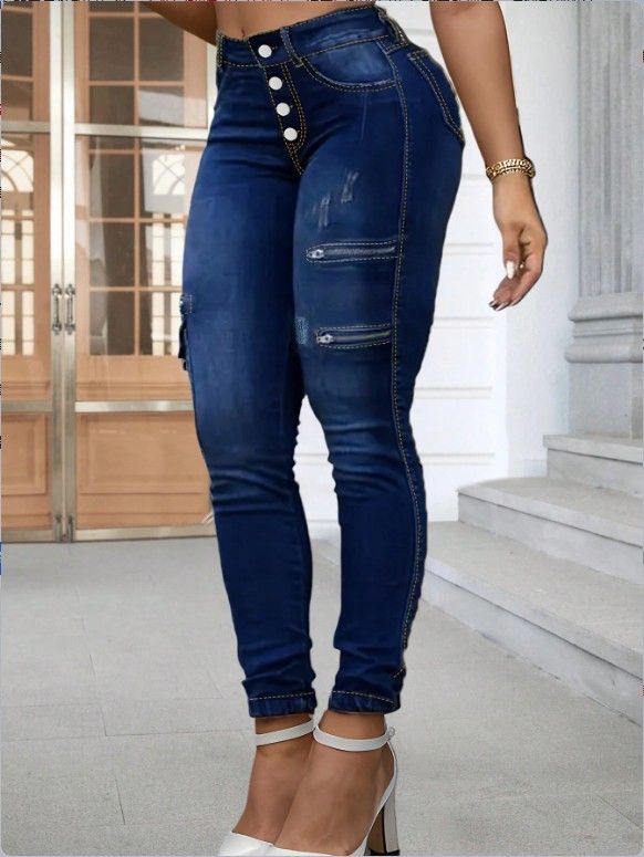 Women's Clothing Button Down Jeans Zipper Pockets Available Denim Clothing_mkmklike.com