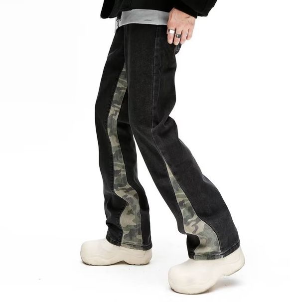 Men's Camouflage Patchwork Denim Pants Retro Streetwear Flared Bootcut Jeans for Trendy Looks_mkmklike.com