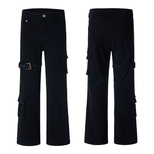 Men's White Lace-Up Flared Jeans - Cleanfit High Street Slimming Cargo Pants With Vintage Wash_mkmklike.com