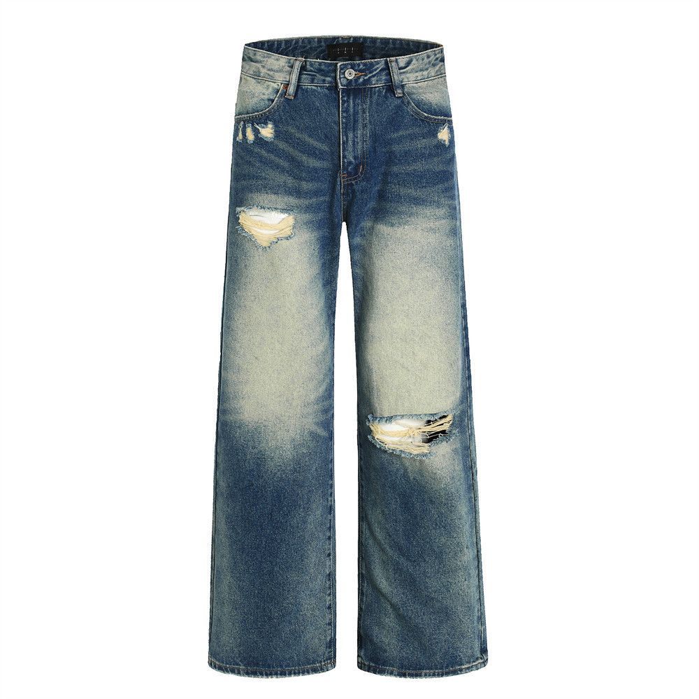 Men's Clothing Wasteland Style Ripped Old Jeans Men's High Street Trend Heavy Grinding White Washed And Worn Wide Leg Straight Trousers_mkmklike.com