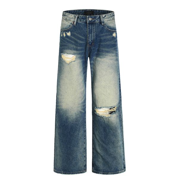 Men's Clothing Wasteland Style Ripped Old Jeans Men's High Street Trend Heavy Grinding White Washed And Worn Wide Leg Straight Trousers_mkmklike.com