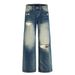 Men's Clothing Wasteland Style Ripped Old Jeans Men's High Street Trend Heavy Grinding White Washed And Worn Wide Leg Straight Trousers_mkmklike.com