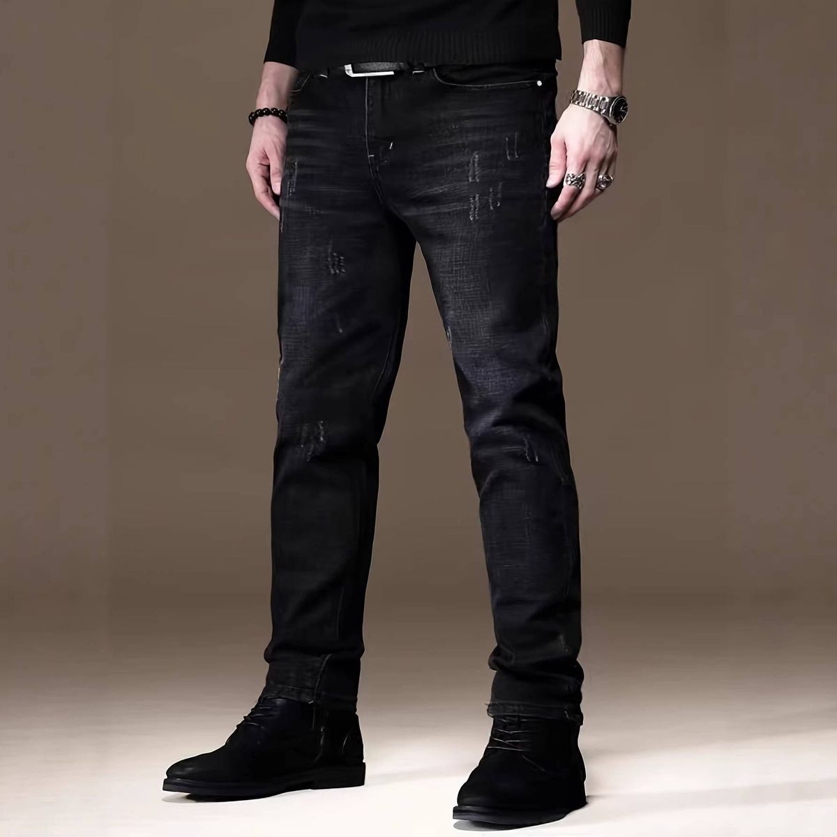 Men's Stretch Skinny Jeans Multi Layered Design Slim Fit Black Trousers Suitable For All Seasons_mkmklike.com