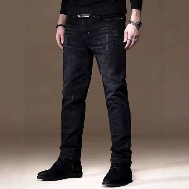 Men's Stretch Skinny Jeans Multi Layered Design Slim Fit Black Trousers Suitable For All Seasons_mkmklike.com