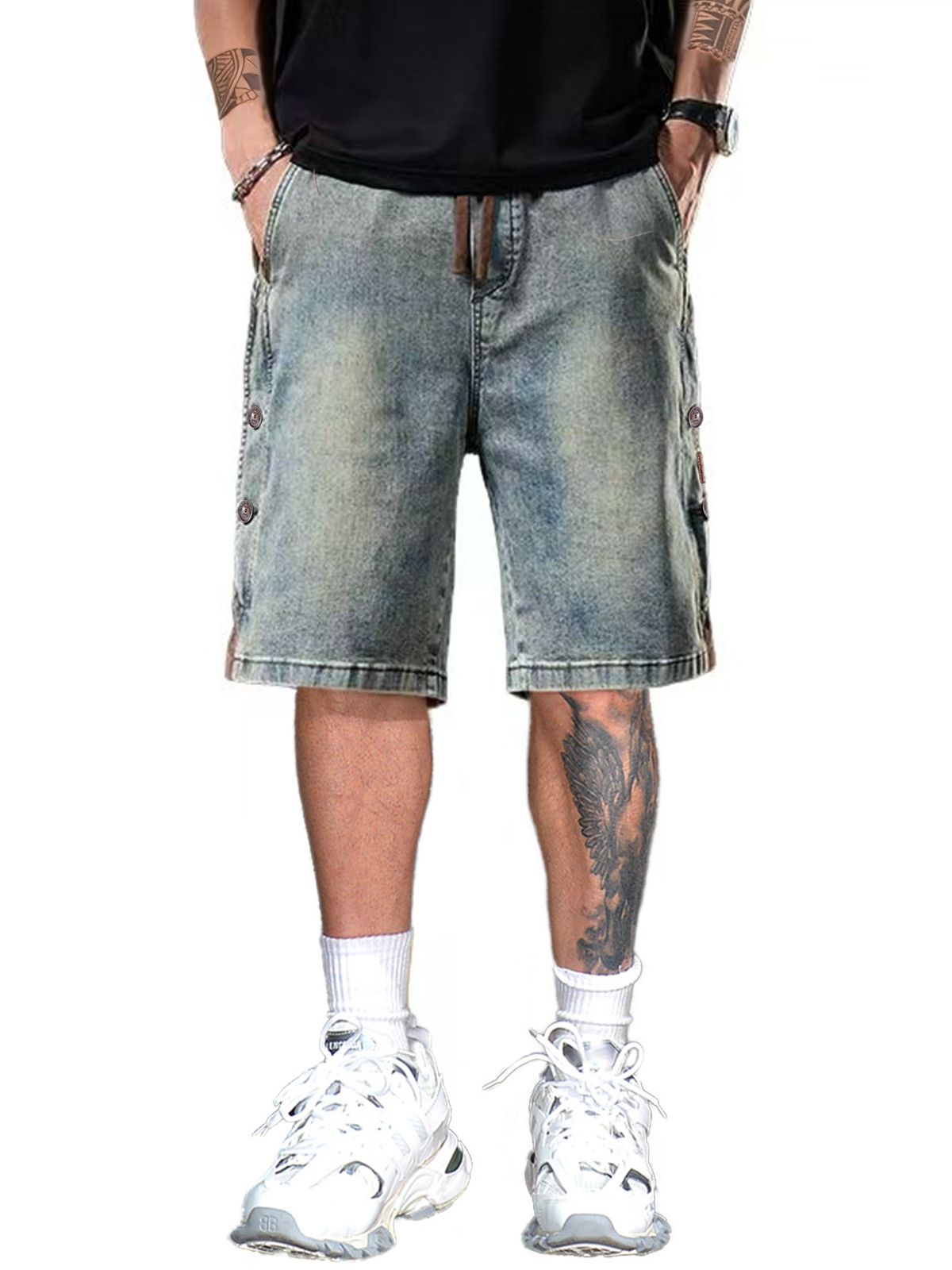 Men's Clothing Retro Blue Button Design Loose Straight Leg Shorts Trendy Versatile Five Point Pants Bestseller_mkmklike.com