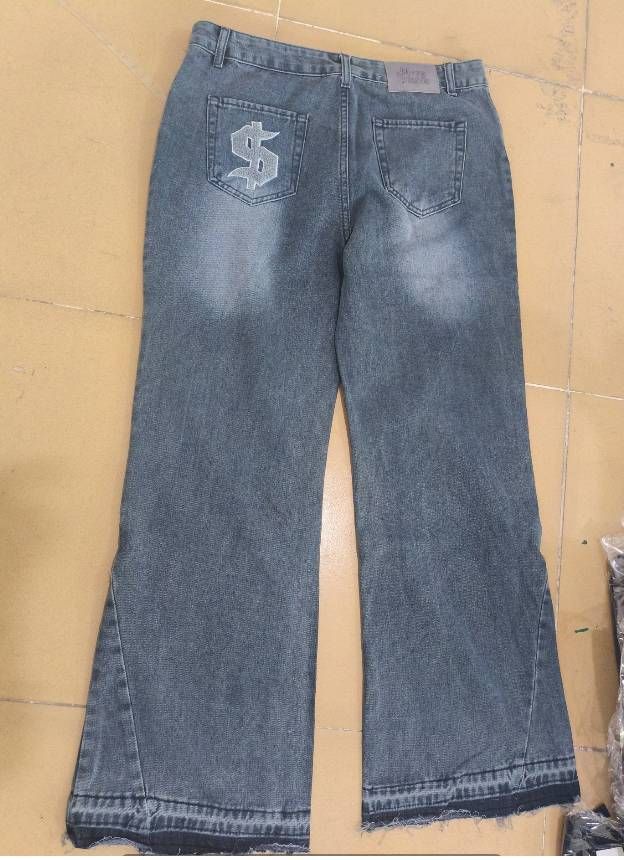 Men's Ice Blue Gradient Lightning Jeans High Ounce Denim Mid Waist Straight Leg Vintage Style For Autumn Winter Fashion_mkmklike.com