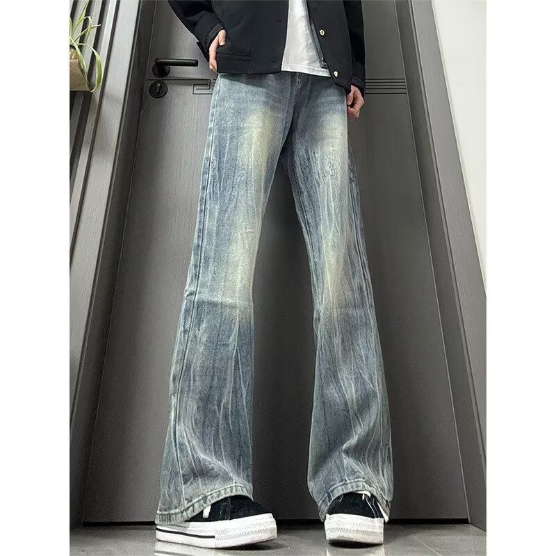 Men's Retro Lightning Bolt Jeans – Mid-Rise Straight Leg Denim Pants With Subtle Flare (S-3XL, Classic Blue, Cleanfit Aesthetic)_mkmklike.com