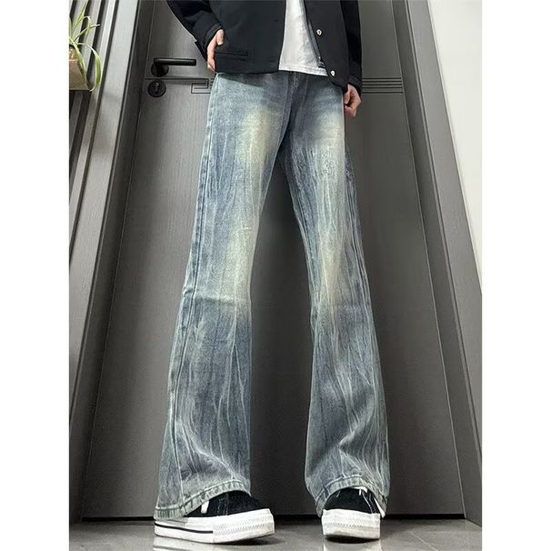 Men's Retro Lightning Bolt Jeans – Mid-Rise Straight Leg Denim Pants With Subtle Flare (S-3XL, Classic Blue, Cleanfit Aesthetic)_mkmklike.com