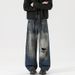 LKTM Men's Wear # Washed Pierced Jeans For Men And Women's Trendy High Street Dirty Straight Down Pants Ab6_mkmklike.com