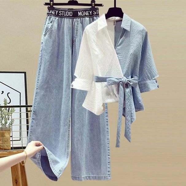 Two Piece Set Women Shirt Lace Up V Neck Splice Shirts Patchwork Wide Leg Pant Sets Denim Trousers Solid Elegant Lady Outwear_mkmklike.com