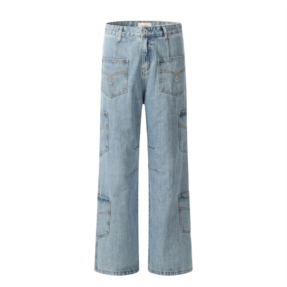 Design Sense Multi-Pocket Denim Cargo Men's High Street Washed Embroidered Patch Pocket Niche Personality Straight-Leg_mkmklike.com