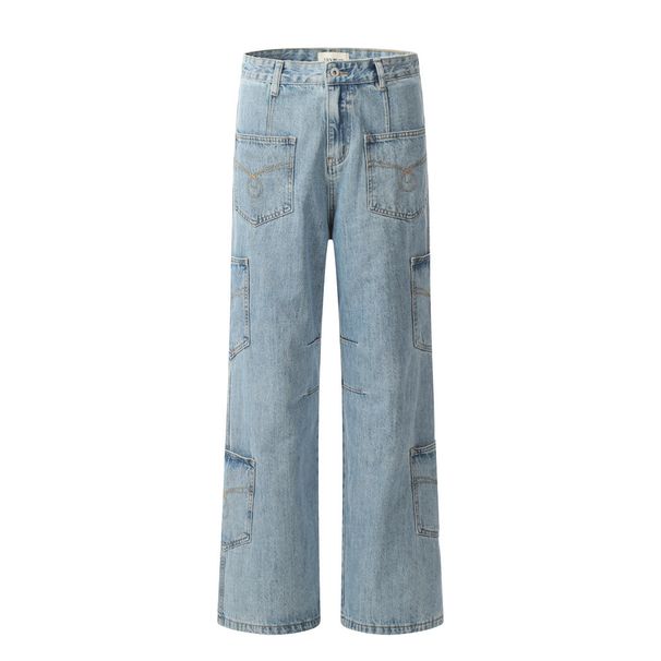 Design Sense Multi-Pocket Denim Cargo Men's High Street Washed Embroidered Patch Pocket Niche Personality Straight-Leg_mkmklike.com