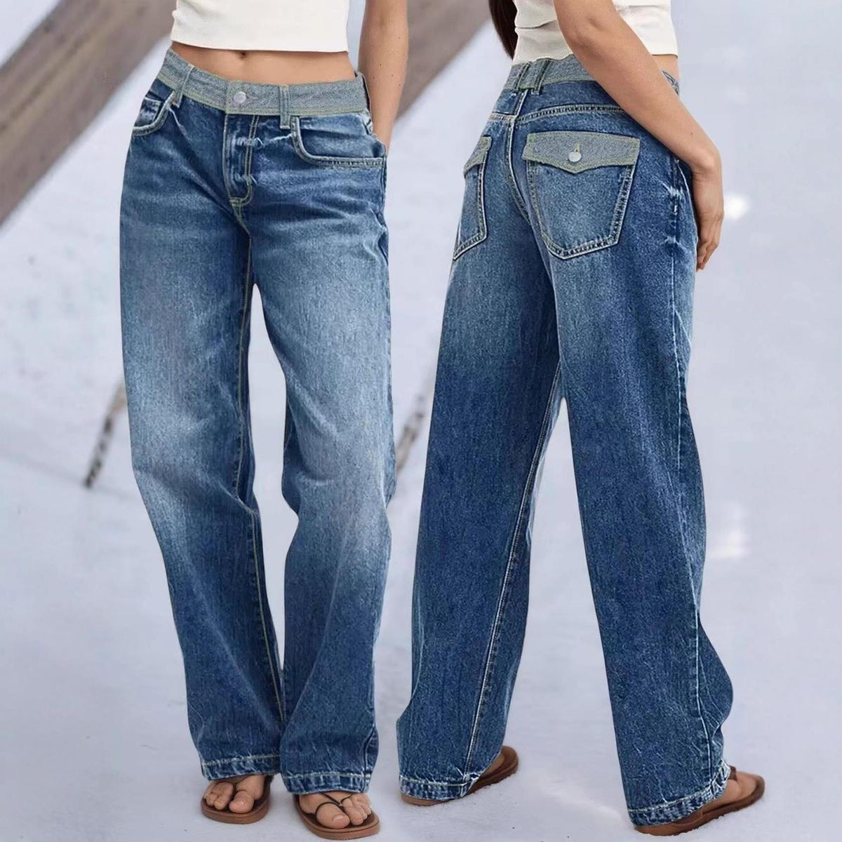 Women's Clothing Patchwork Color Block Retro Fashion Casual Patchwork Vintage Denim Pants - Retro Straight-Leg Jeans With Color-Blocking Design_mkmklike.com