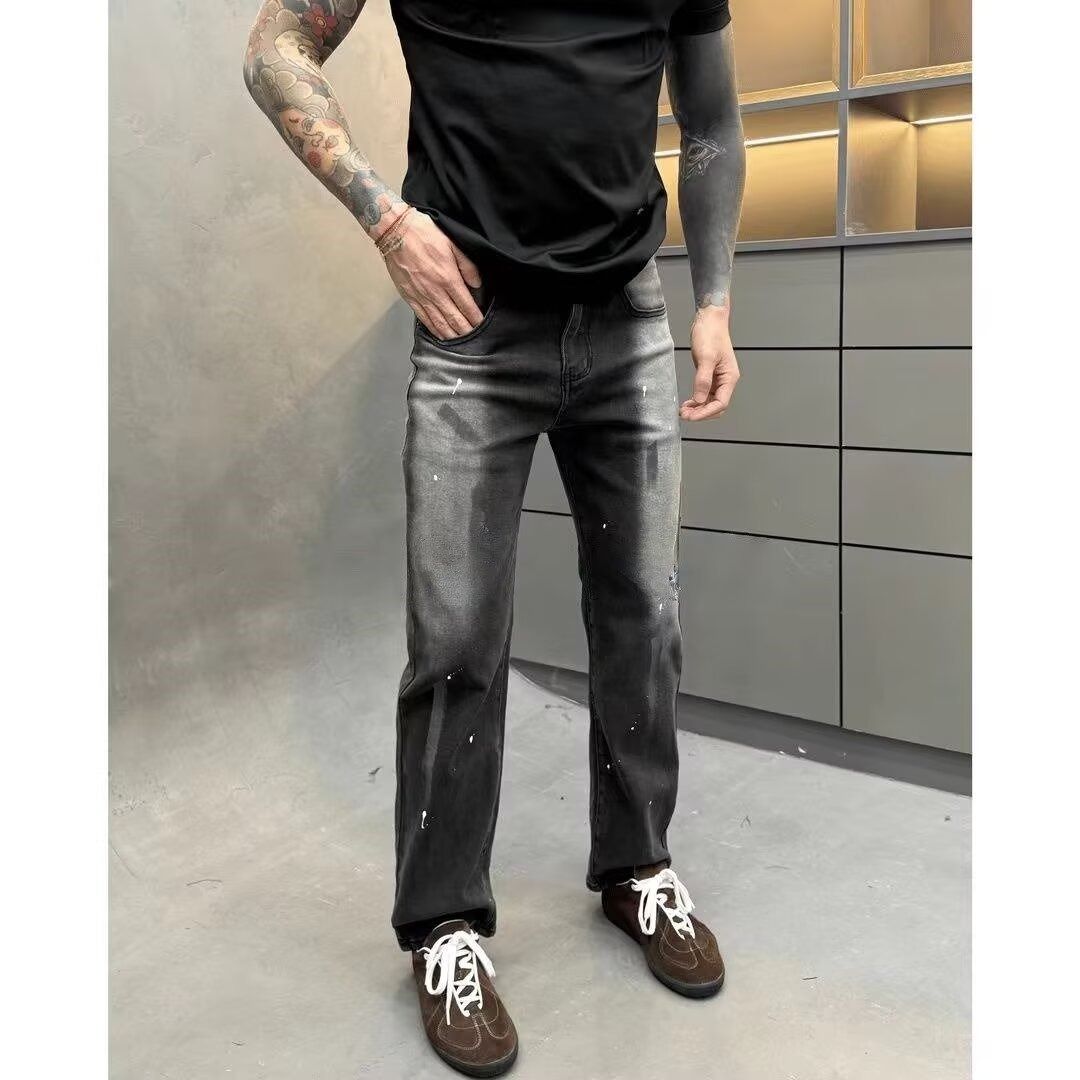 Men's Distressed Washed Denim Jeans – Relaxed Fit, Slight Flare, Vintage Streetwear (Black-Grey, Sizes 28-36)_mkmklike.com