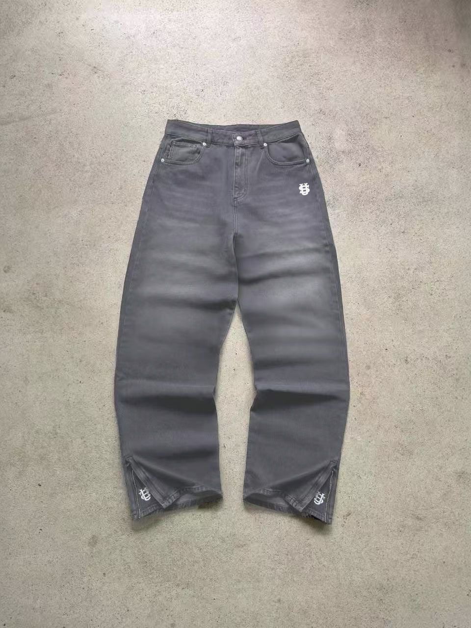 Men's Washed Grey Denim Jeans - 100% Cotton Vintage Style With US Embroidery & Ankle Zipper_mkmklike.com