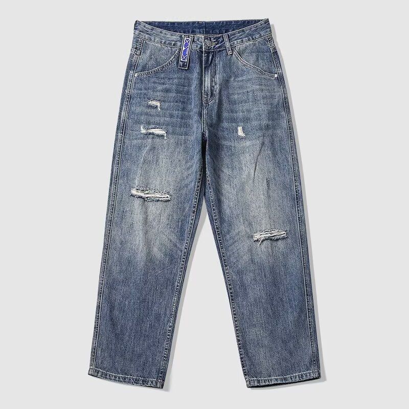 Men's Straight Leg Jeans Japanese Style High Street Washed Distressed Retro Heavyweight Soft Breathable Fashionable And Versatile_mkmklike.com