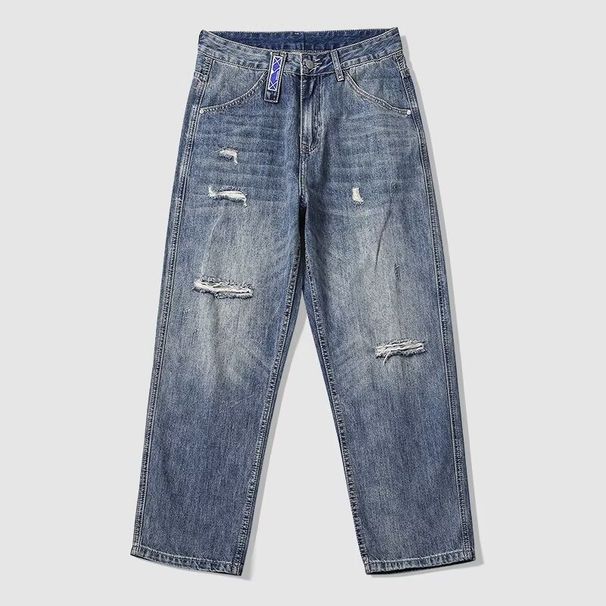Men's Straight Leg Jeans Japanese Style High Street Washed Distressed Retro Heavyweight Soft Breathable Fashionable And Versatile_mkmklike.com