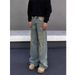 Men's Retro Washed Distressed Straight Leg Jeans Loose Fitting Trendy Casual Style_mkmklike.com