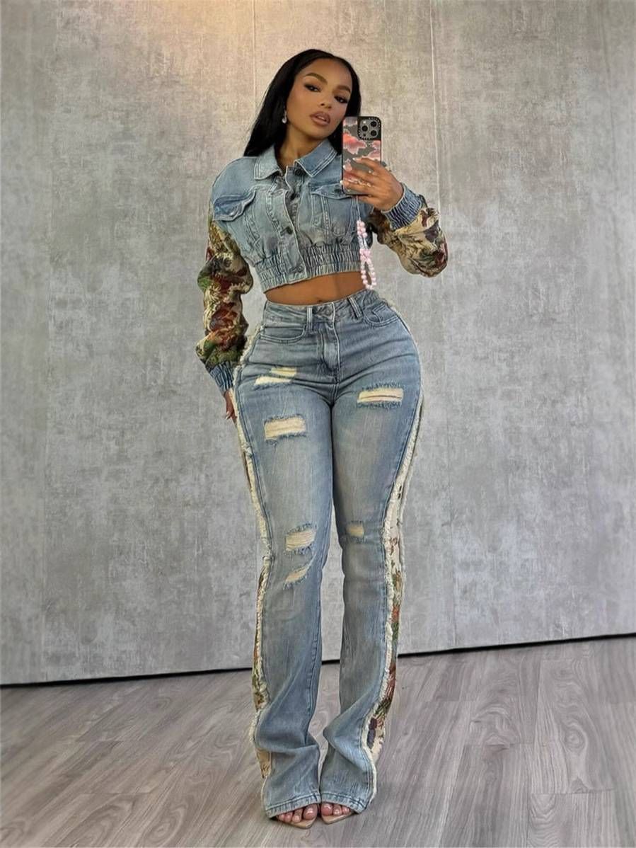 Women's Clothing Autumn And Winter Fashion Printed Color Matching Denim Jacket Jeans Two Piece Suit_mkmklike.com