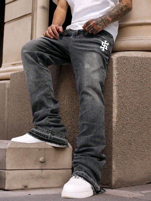 Men's Dollar Print Jeans - Spring Summer Relaxed Bootcut Straight Denim Pants With Whisker Wash_mkmklike.com