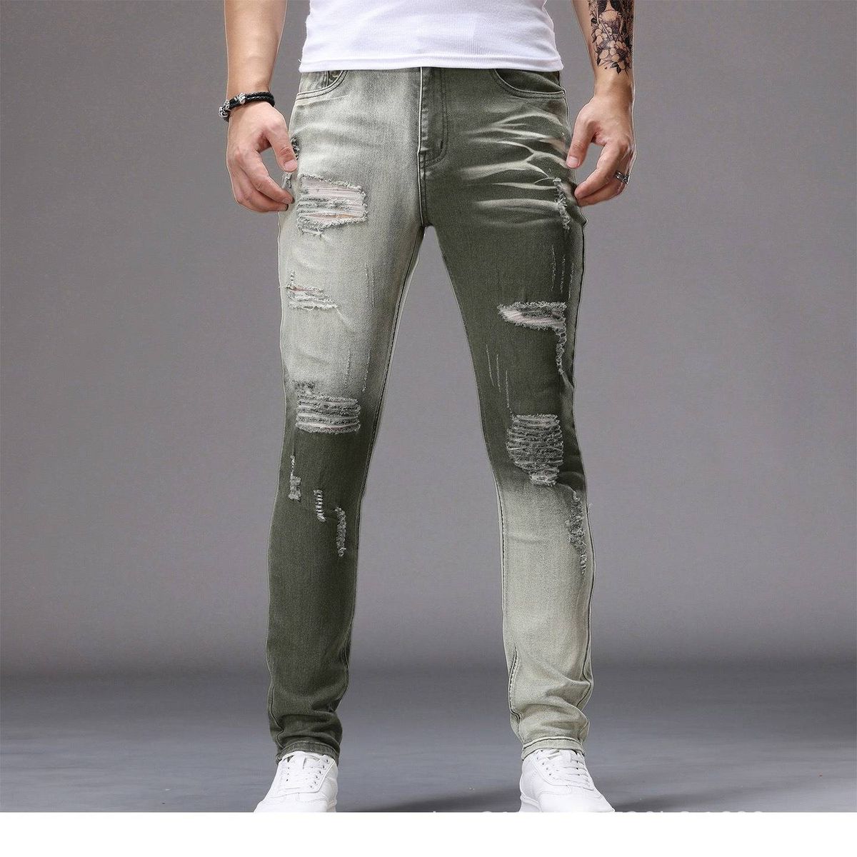 Distressed Slim Fit Jeans Trendy Colorful Style Men's Denim_mkmklike.com