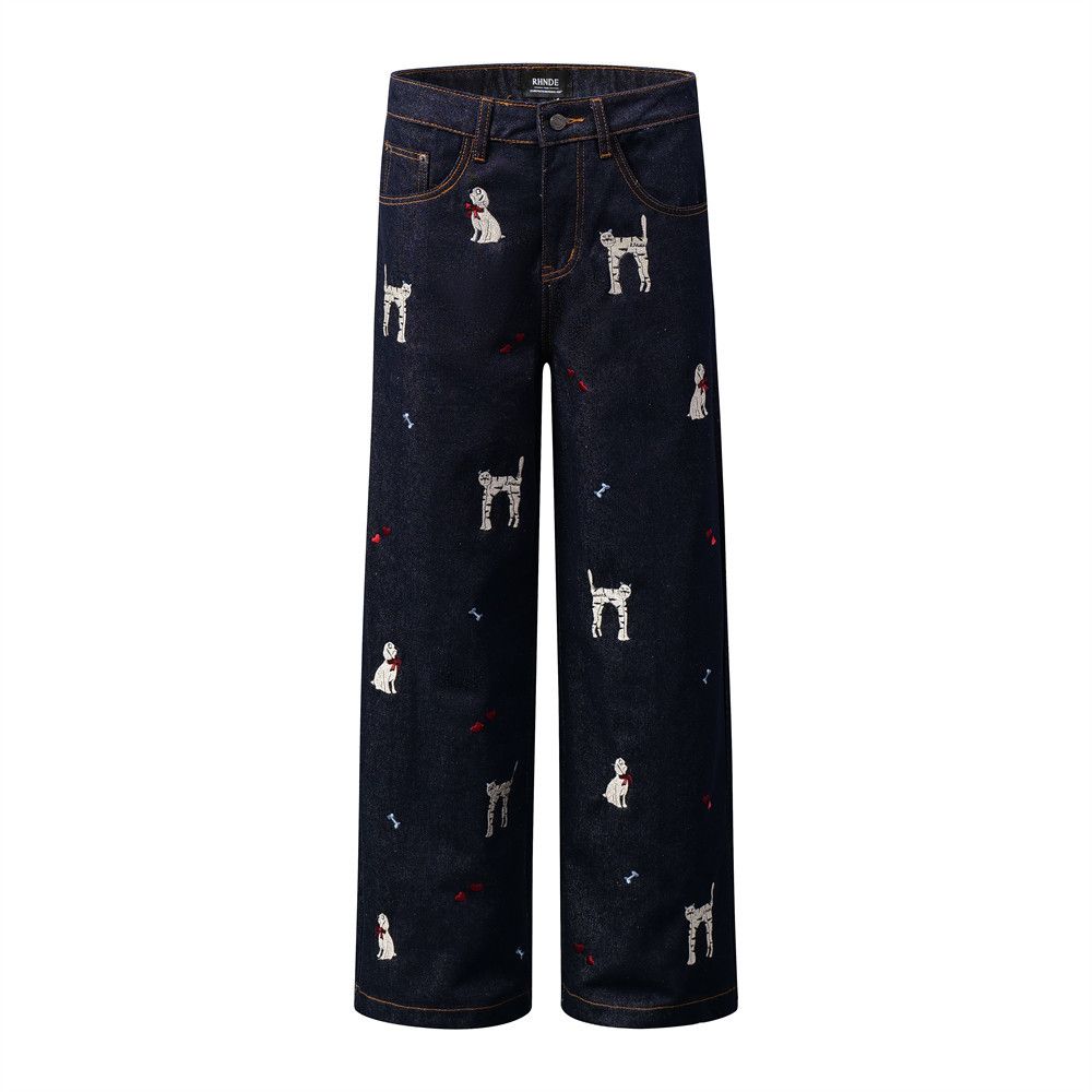 High Puppy Bone Embroidery Jeans Men's Street Fashion Brand Ins Design Loose Wide-Leg Straight Long Pants_mkmklike.com