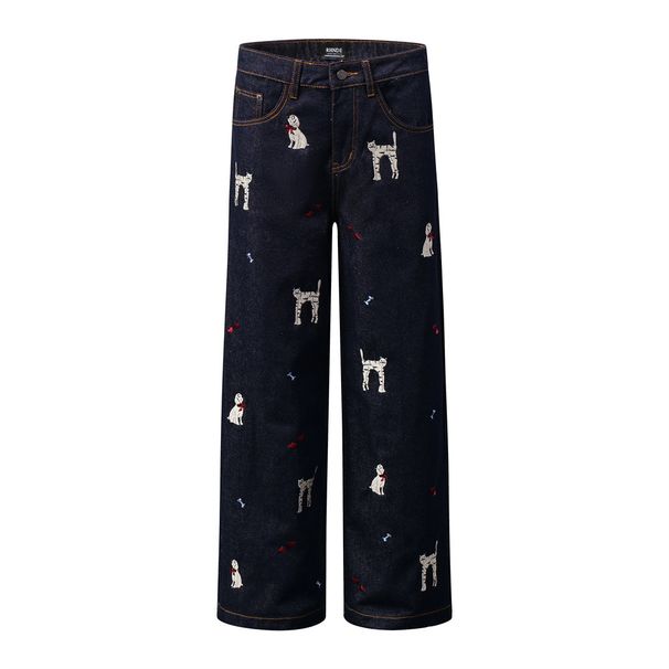 High Puppy Bone Embroidery Jeans Men's Street Fashion Brand Ins Design Loose Wide-Leg Straight Long Pants_mkmklike.com