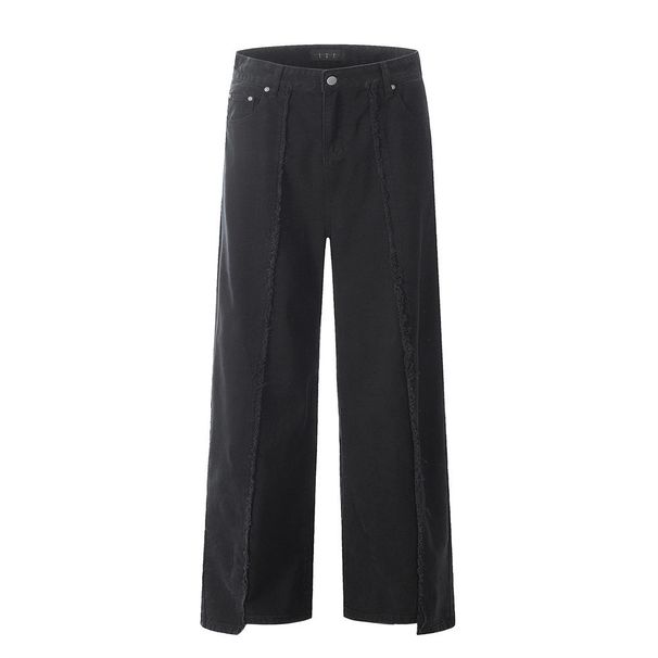 American High Street Design Jeans Men's Double-layer Patch Pocket Niche Casual Deconstructed Patchwork Frayed Straight_mkmklike.com