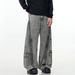 Men's Clothing Retro Distressed Grey Multi Pocket Design Jeans Trendy Loose Straight Trousers_mkmklike.com