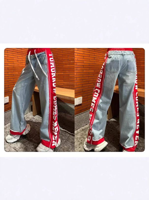 Women's Clothing Spring New Style Red Stitching Letter Print Elastic Drawstring Trousers Trousers Trendy_mkmklike.com