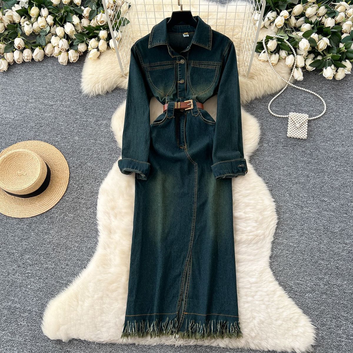 Women's Clothing French Retro Vintage French-Inspired Belted Waist Long Sleeve Denim Dress – Slim Fit, Lapel Collar, A-Line Midi Dress For Women_mkmklike.com