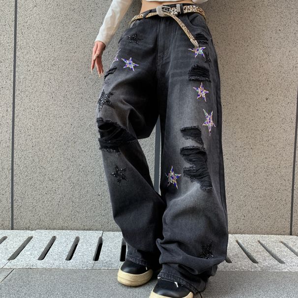 Unisex Straight-Leg Distressed Jeans – Vintage-Inspired Star Patched Denim With Relaxed Fit & Raw Hem_mkmklike.com