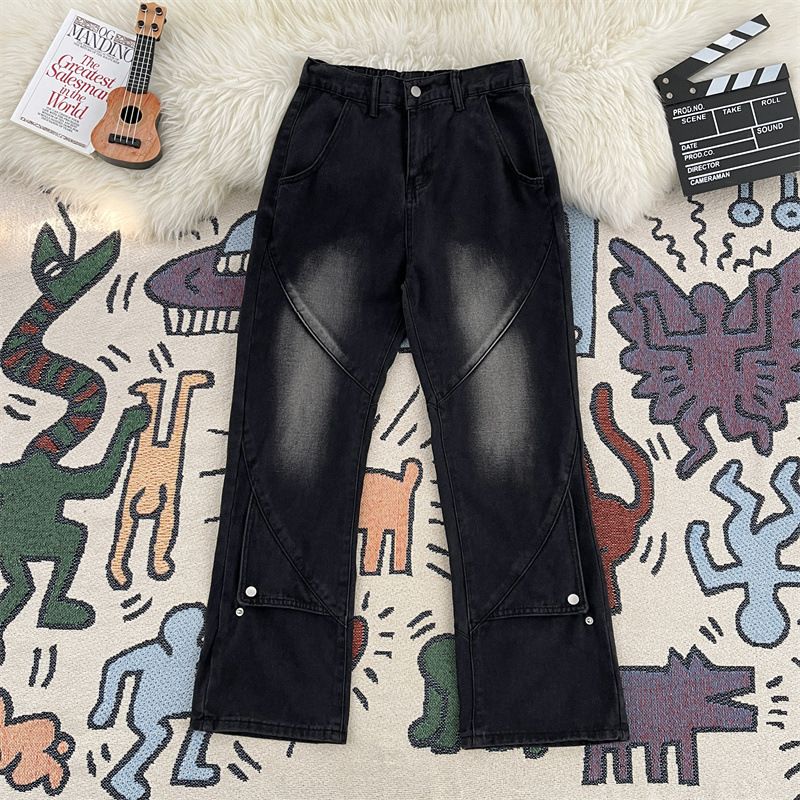 Men's Retro Deconstructed Jeans – Gradient Patchwork Straight-Leg To Flare Denim Pants (S-3XL, Distressed Black/Blue)_mkmklike.com