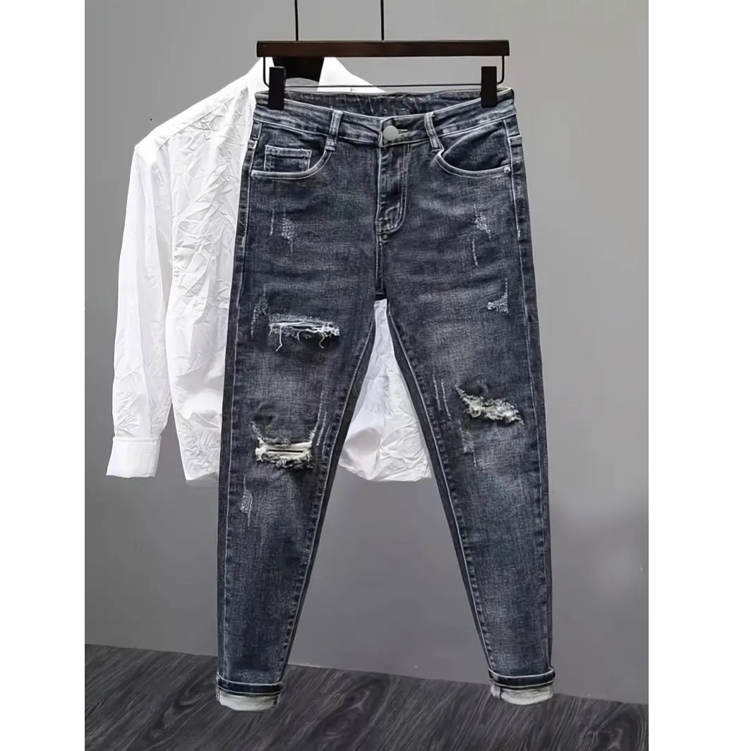 Men's Distressed Denim Jeans – Stone-Washed Slim Fit With Medium Stretch | Vintage Blue-Grey Straight Leg Streetwear Pants (M-3XL)_mkmklike.com