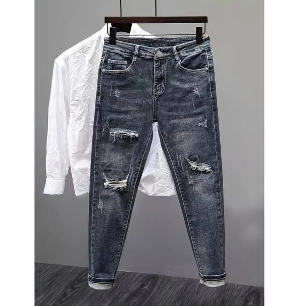 Men's Distressed Denim Jeans – Stone-Washed Slim Fit With Medium Stretch | Vintage Blue-Grey Straight Leg Streetwear Pants (M-3XL)_mkmklike.com