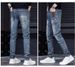 Men's Distressed Patchwork Jeans - Vintage Washed Slim Fit Denim Pants With Artistic Rips & Embellishments For Urban Street Style_mkmklike.com