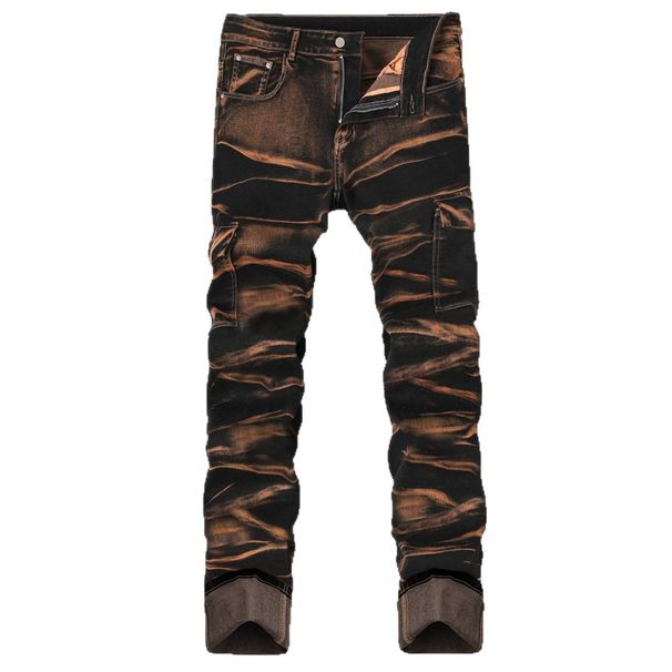 Men's Straight Leg Slim Fit Stretch Jeans Irregular Patterns Multiple Embellishments Heavy Duty Craftsmanship Denim_mkmklike.com