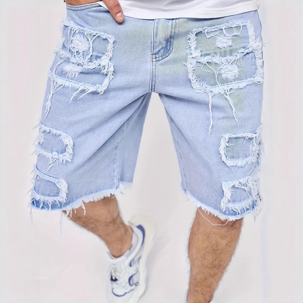 Men's Distressed Denim Shorts Casual Straight Cut Summer Raw Hem Multiple Washes Available_mkmklike.com