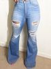 Light Blue Plus Size Stretch Ripped Jeans Wide Leg Flare Denim For Women Regular Thickness Solid Color England Style Fashion_mkmklike.com